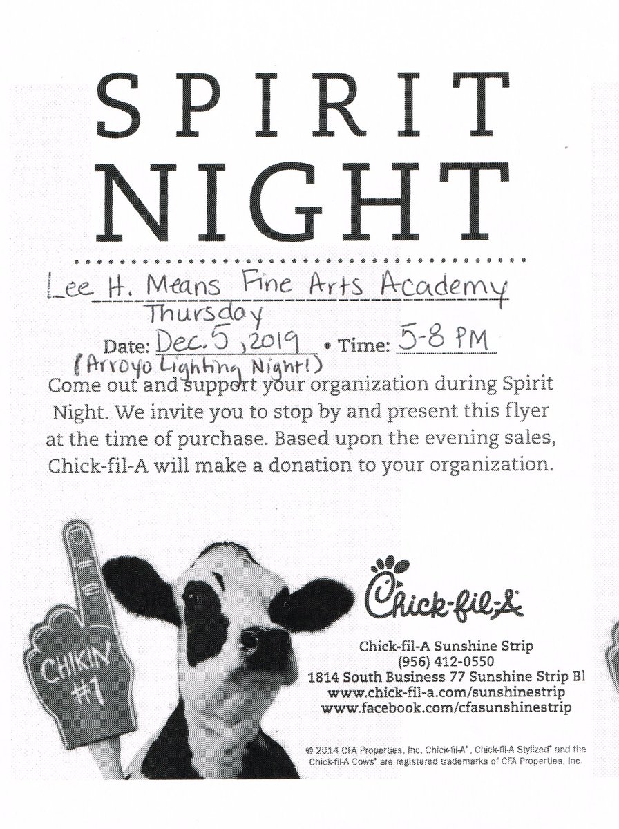 Dec. 5th is the Lighting of the Arroyo and many of us will be busy with this event.

So, why not get dinner at Chick-fil-A on 77 between 5 and 8 PM. 
Help support Means Fine Arts Academy by showing them this flier