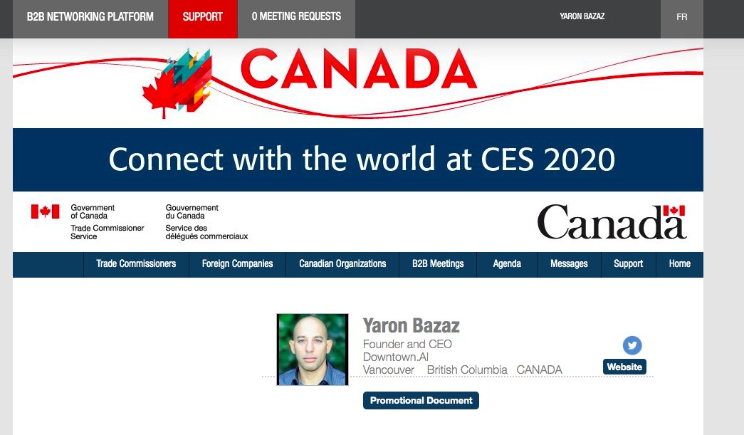 With <a href="/DowntownAI/">Downtown.AI</a>  I’m proud to take part in the Canadian tech delegation to #CES2020 . If you are planning your trip to Vegas, check this directory to meet with us and the other great #Canadian companies:

b2b-2go.com/CanadaCES/part…

#mobility #MachineLearning #PredictiveAnalytics