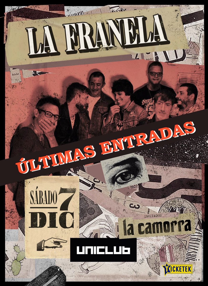 ¡ÚLTIMAS ENTRADAS! 🎫🔥
Uniclub - Sábado 7 de diciembre 21hs

👉 bit.ly/LaFranelaUnicl…
👉 Locuras (Once)
👉 Locuras (Morón)
👉 El Buho (San Justo)
👉 Guia Musical (Liniers)
👉 Rivadavia Rock (Flores)
👉 Rock en Ruta (Nuñez)
👉 Qeelback (Lomas)