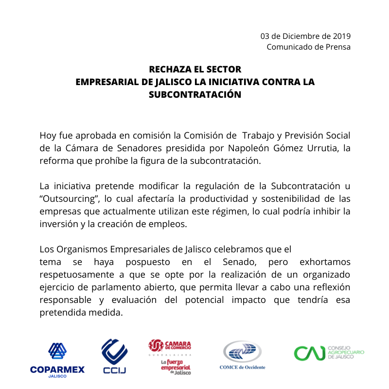 MauroGarzaMarin's tweet photo. Hacemos un llamado al @senadomexicano, y los senadores por #Jalisco @ClementeCH, @VeroDelgadilloG y @MaAntoniaCar, no podemos permitir se comprometa la productividad y sostenibilidad de las empresas y sus colaboradores, por las reformas que afectan el régimen de subcontratación https://t.co/E7BO700pgT