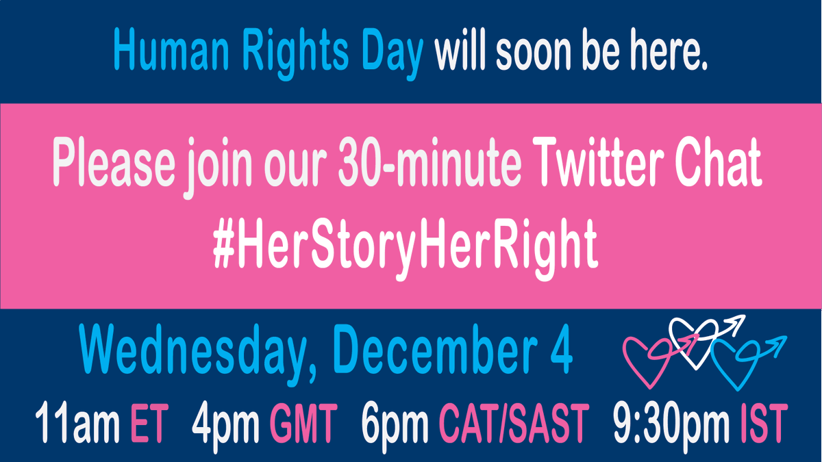 SharonDAgostino's tweet image. Please join us TOMORROW for our @SayItForwardNow #HerStoryHerRight Twitter Chat at 11am ET… 4pm GMT… 5pm CET/WAT… 6pm CAT/SAST… 7pm EAT… 9pm PKT… 9:30pm IST #HumanRightsDay #OrangeTheWorld #16days #16DaysOfActivism