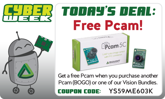DigilentInc's tweet photo. Time is running out on our 2nd #CyberWeek2019 deal - buy one, get one on our Pcam 5c! That's an instant savings of $45. What better way to get your image processing system up and running? Use the coupon code!
https://t.co/zVEQpcEOio https://t.co/IYS9UfKKU1