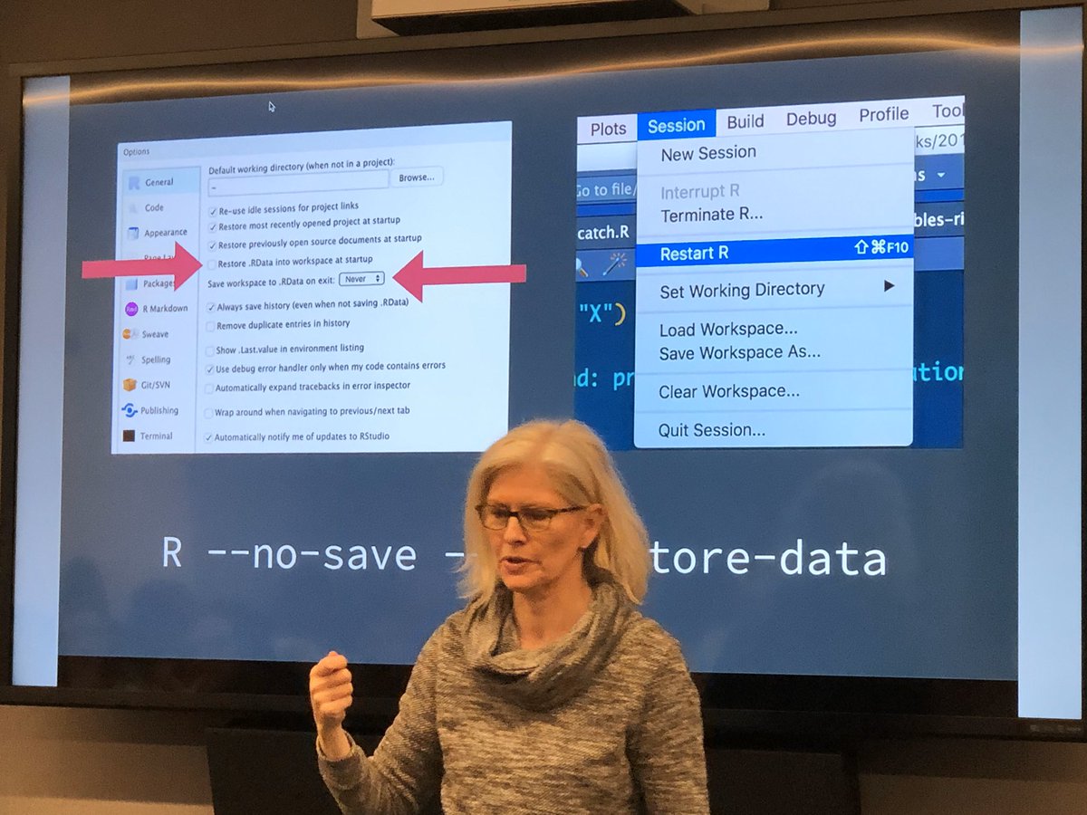robinson_es's tweet photo. .@JennyBryan suggests a new years resolution: change your settings to never save .RData on exit and not to restore it at startup. 

Note this is not the same as having rm(list = ls()) at the start of your script! #rstats https://t.co/tJ6wi5ymYM