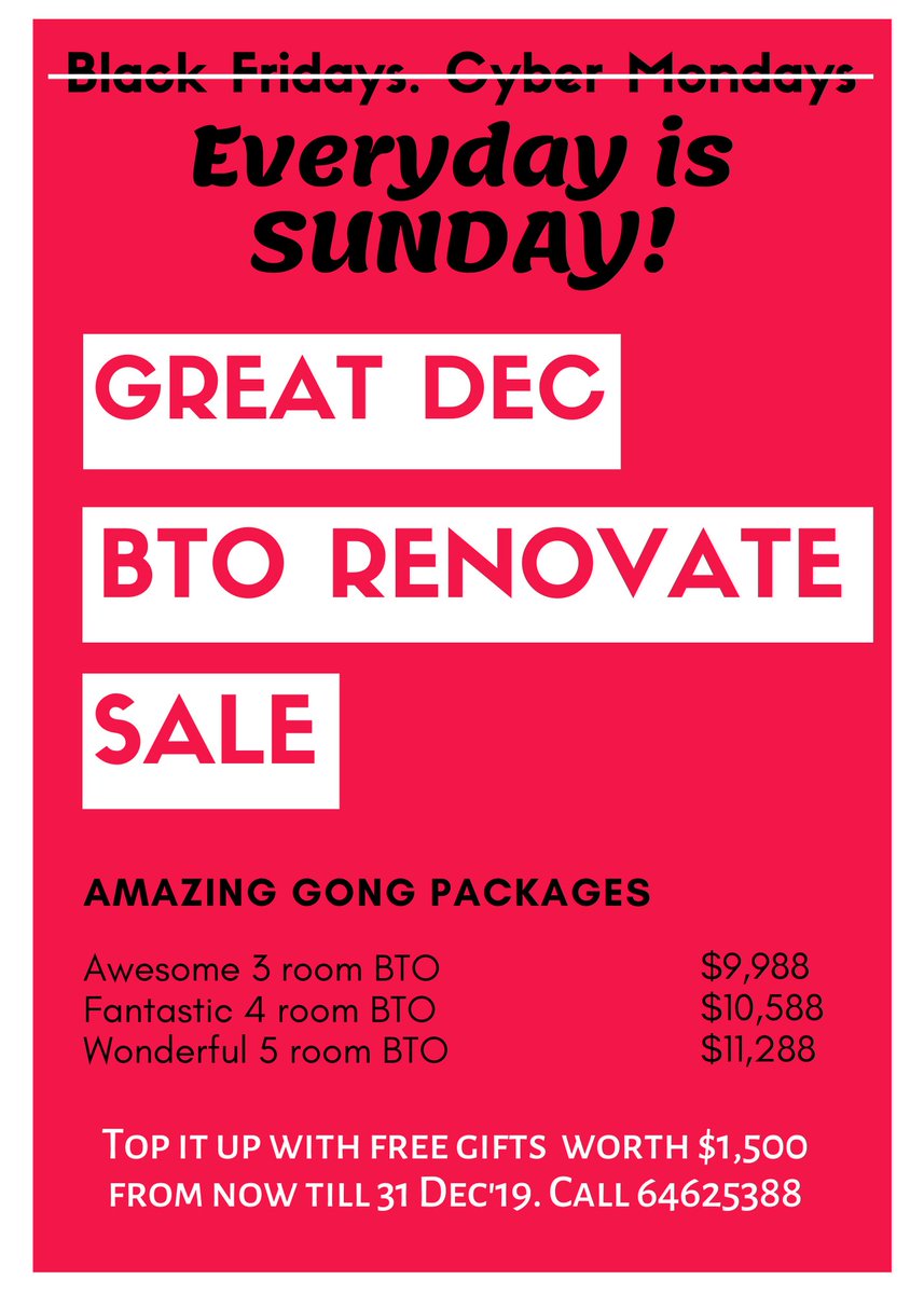 Everyday is SUNDAY! (at least for December'19)

Give us a buzz and we will be at your doorstep for a non-obligatory 100% free consultation. 

Quality finishing and reliable project management to also put your minds at ease.

Promotions end 31 Dec. Call and find out more! 64625388