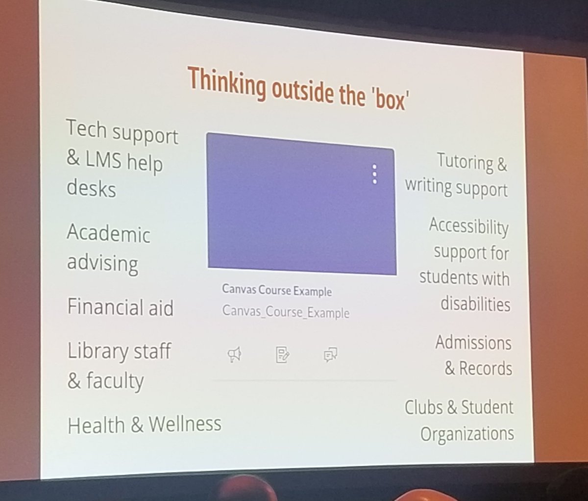 katiepala's tweet image. I like this &quot;thinking outside the box&quot;  on where to provide equitable support for our students outside of the course. @KevinKelly0 #detche19 #learningequity