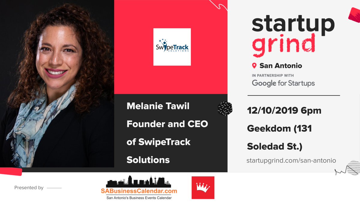 We're 1 week away from our next Startup Grind with Melanie from <a href="/SwipeTrack/">SwipeTrack Solutions</a>! We have a few limited free tickets! Hope you can join us: startupgrind.com/events/details…