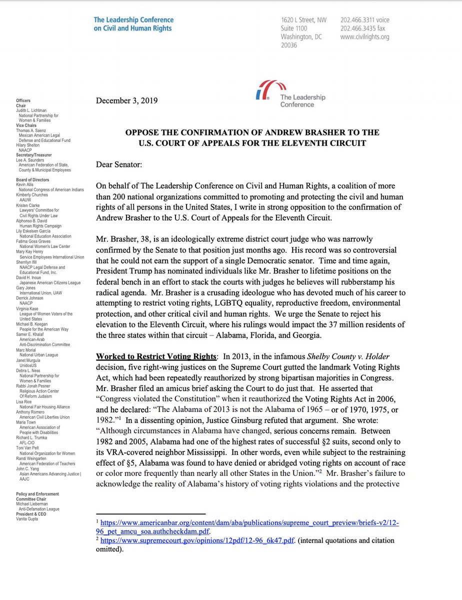 Page 1 of our letter in opposition to 11th Circuit nominee Andrew Brasher. The full text of the letter can be read at the link in the original tweet.