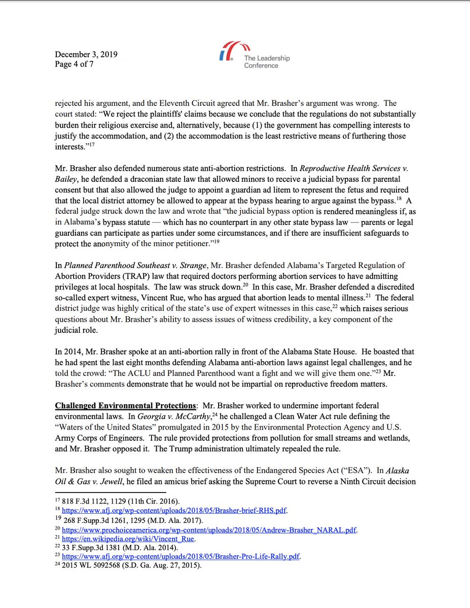 Page 4 of our letter in opposition to 11th Circuit nominee Andrew Brasher. The full text of the letter can be read at the link in the original tweet.