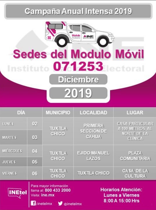 INE_Chiapas's tweet photo. #ATENCION
Ciudadanas y ciudadanos de #FronteraHidalgo #Metapa y #TuxtlaChico
Del 2 al 6 de diciembre el Módulo de Atención Ciudadana #movil del #Distrito12Tapachula estará visitando algunas localidades para tramitar #TuINE
#Difunde 👇 https://t.co/82o36aXBeV