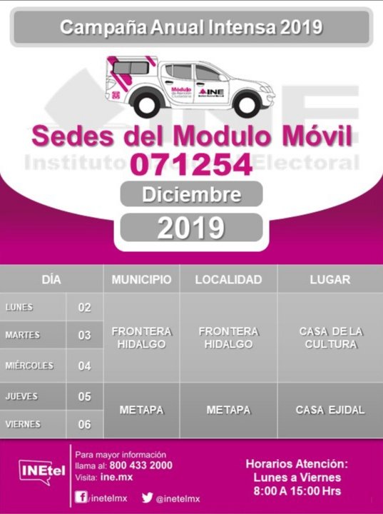 INE_Chiapas's tweet photo. #ATENCION
Ciudadanas y ciudadanos de #FronteraHidalgo #Metapa y #TuxtlaChico
Del 2 al 6 de diciembre el Módulo de Atención Ciudadana #movil del #Distrito12Tapachula estará visitando algunas localidades para tramitar #TuINE
#Difunde 👇 https://t.co/82o36aXBeV