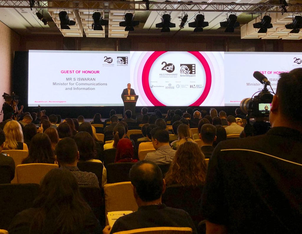 IMDAsg's tweet photo. Minister for Communications &amp; Information, Mr S Iswaran, delivering his speech at the opening of #AsiaTVForum &amp; #ScreenSingapore. He announced new media initiatives including industry &amp; regional collaborations, &amp; talent development. #SGMediaFest #AsiaIsNow #Singapore https://t.co/K99Misdno6