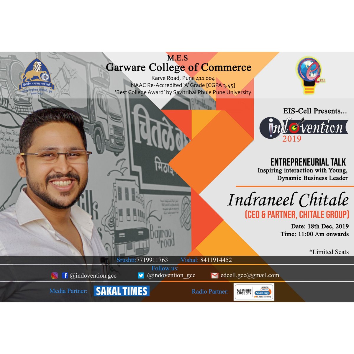 indovention_gcc's tweet image. Chitale Bandhu is a leading FMCG product manufacturer in Maharashtra.
Mr. Indraneel Chitale is a 4th Generation Partner at the 80 Year old Chitale Group.
He is ready to interact with us on 18th Dec 2019 at Garware College of Commerce for E-Talk organised under Ind🎯vention 2019.