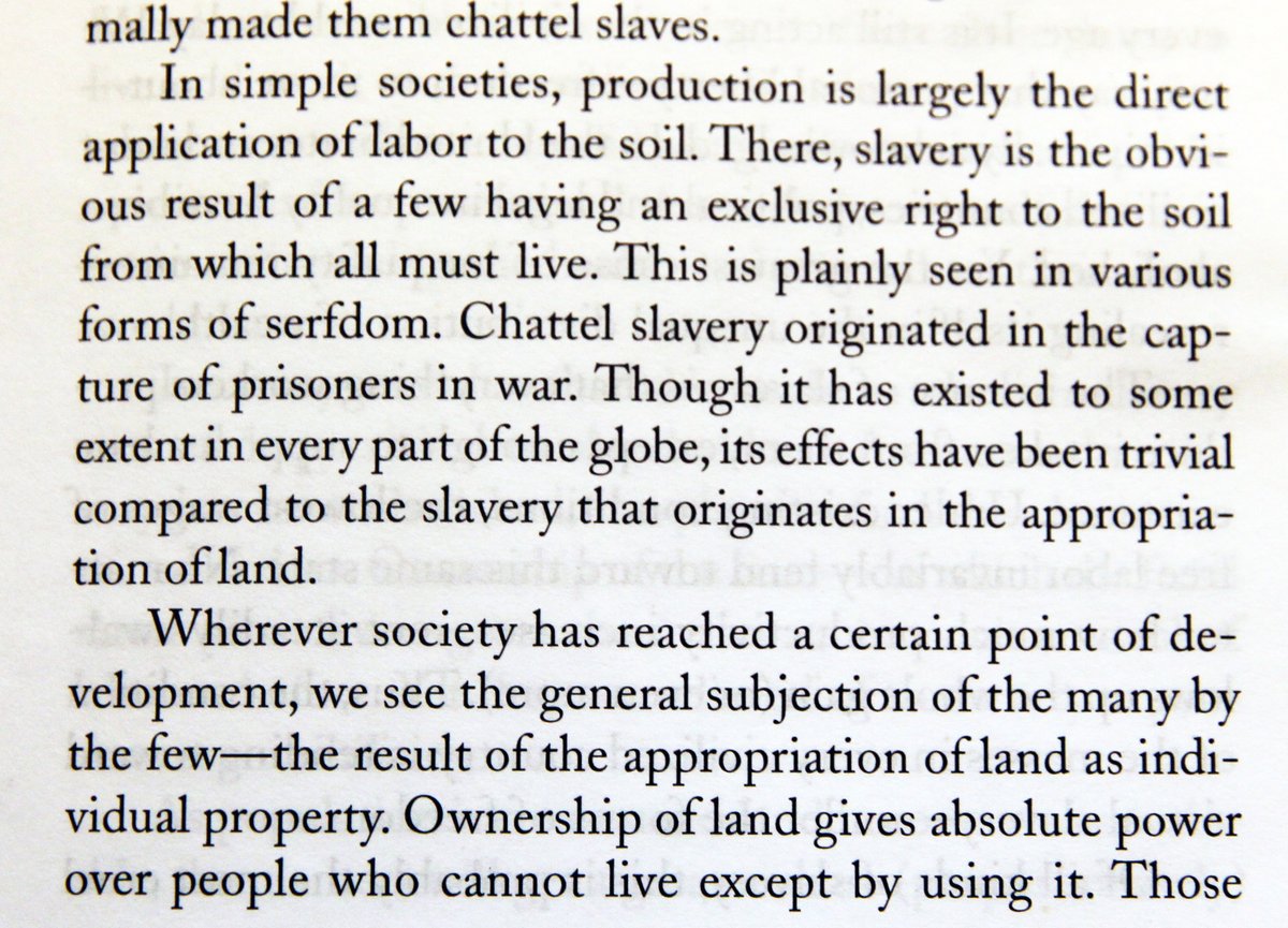 Our current slavery "originates in the appropriate of land."Want food and shelter? You're not allowed to do that yourself. You have to "get a job.""Ownership of land gives absolute power over people who cannot live except by using it." #BasicIncome