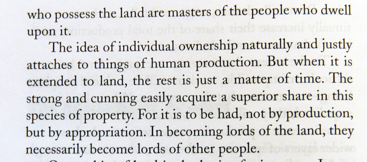 There are a few insights here.The first is that "ownership" and "property" is *supposed to* refer to things that one has created, produced, or earned.But no human being created or produced land; therefore, no human being can earn land. #geoism #BasicIncome