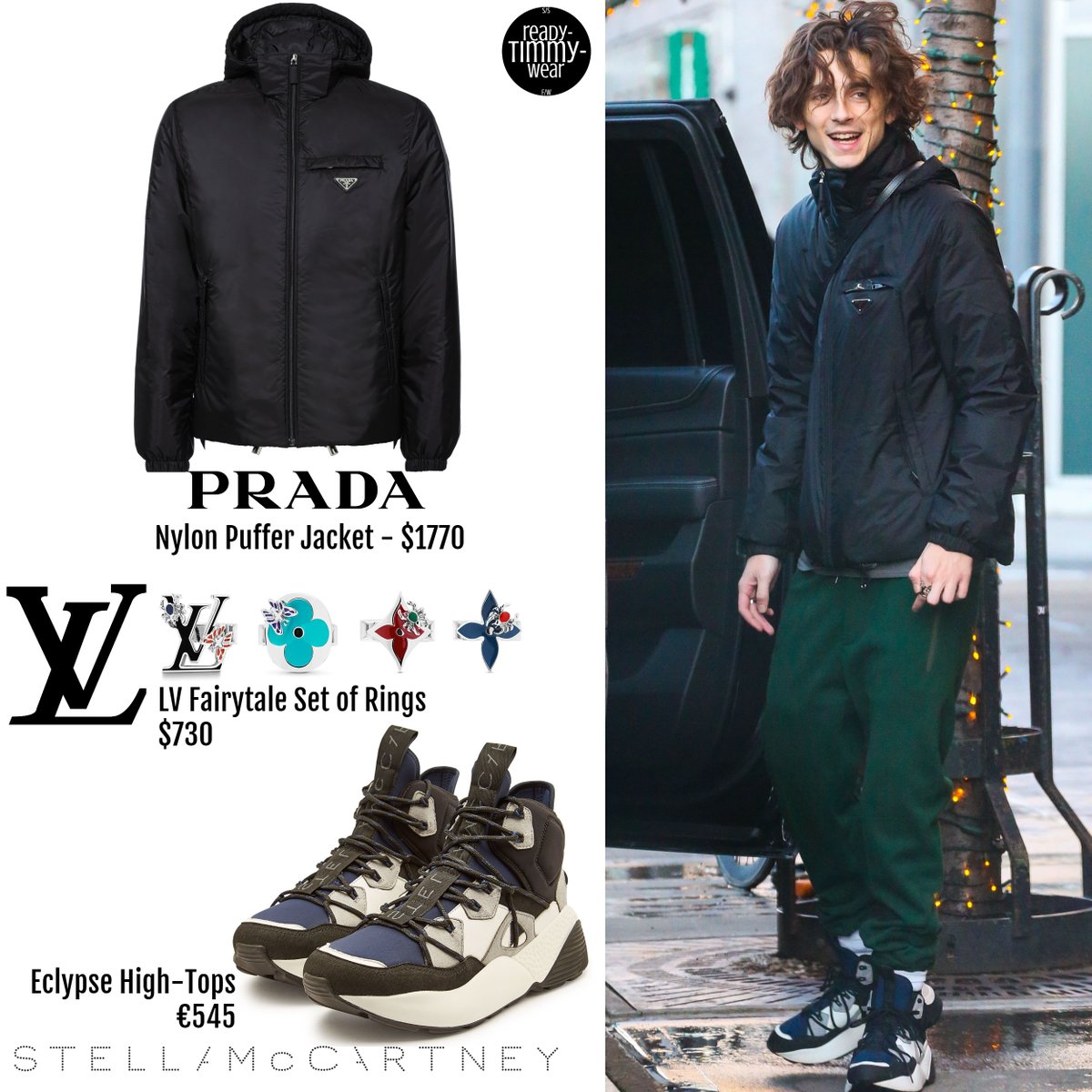 RTW on X: Timothée Chalamet - New York City, December 3 2019 PRADA - Nylon  Puffer Jacket $1770 LOUIS VUITTON - LV Fairytale Set of Rings $730 STELLA  MCCARTNEY - Eclypse High-Tops €545 #TimotheeChalamet   / X