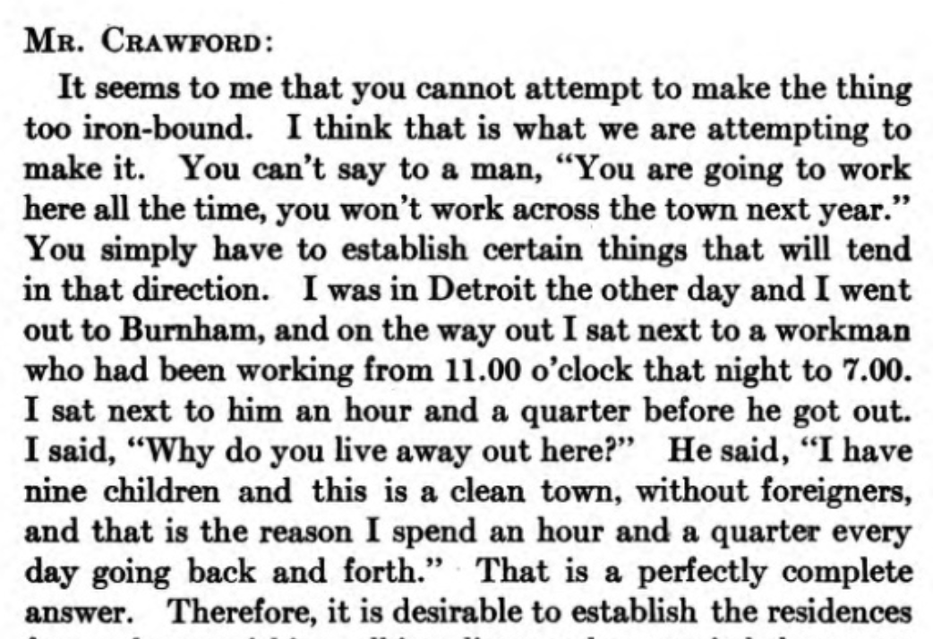 Crawford argues that factory workers should also have transit options since they may have children, want a "clean town" and/or hate "foreigners" like a man he met in Detroit.