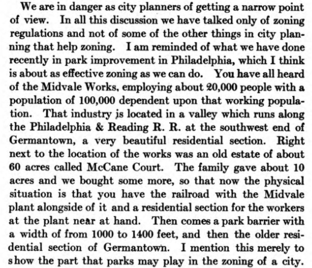 He goes on to endorse the use of a "park barrier" to separate worker housing and industry from "a very beautiful residential section" like in Philadelphia and "help zoning".