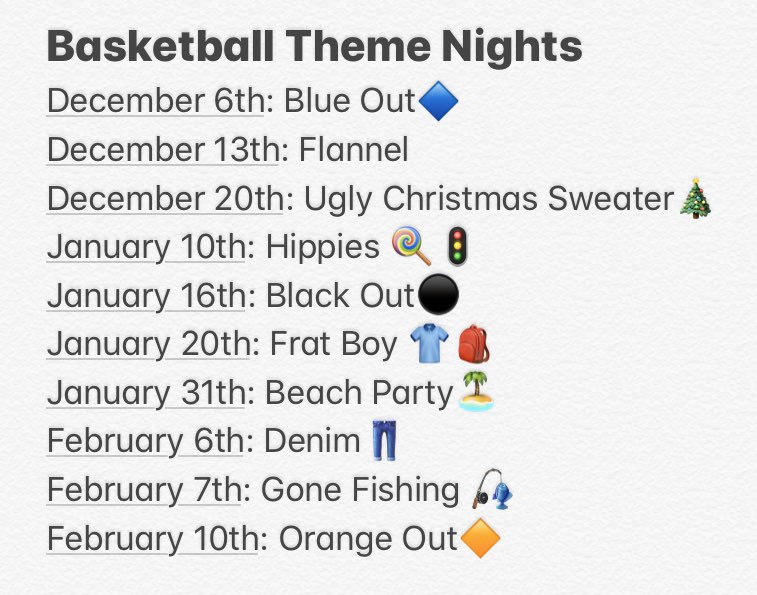 BASKETBALL SEASON HAS STARTED!! Here are the home games along with the theme for that night! Don’t forget to come out and support!