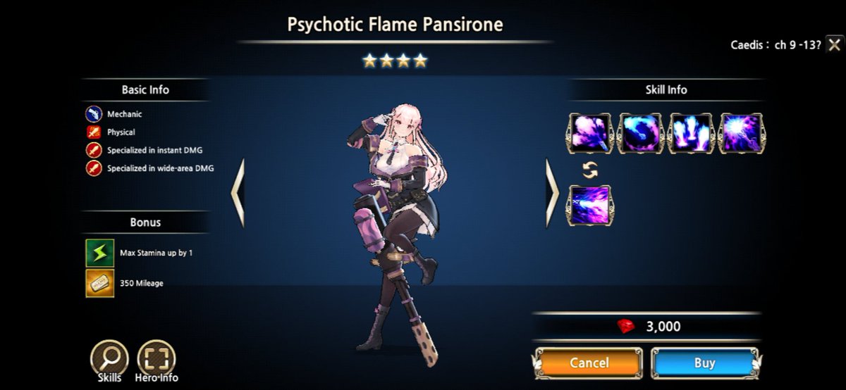 The new hero, Pansirone, is from Mechanic Class. You have to recruit her first if you want to progress further in her special dungeon. So far for me, she wasn't worth the diamond.