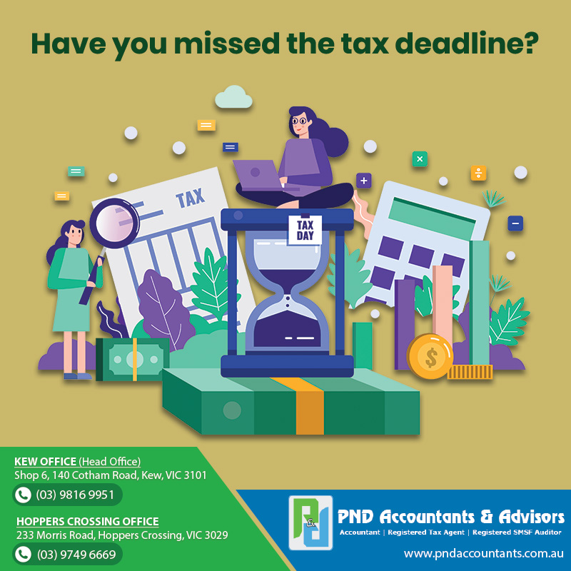 Have you been busy around &amp; missed your #tax deadline or you have a #taxreturn outstanding or overdue, Don’t worry! Contact us

For details visit us Free Initial Consultation -pndaccountants.com.au

#accountantsinmelbourne #taxbenefits #taxation #investment #savings