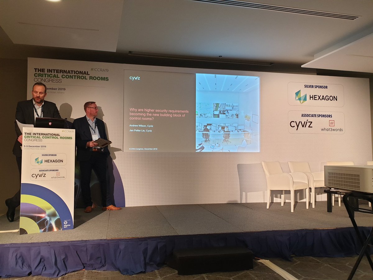 Welcoming to the #ICCRA19 stage Jan Petter Lie and Andrew Wilson from <a href="/cyviz/">Cyviz</a> to discuss cyber security requirements in control rooms.