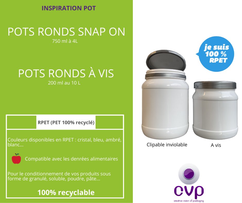 |MINUTE SO GREEN|
Inspiration de pots ronds dans notre gamme #SoGreen avec des pots à vis et clipable en 100% RPET.
Ils sont également 100% recyclables. 
Pour toute demande, contactez-nous ! ✉ contact.packaging@cvp-france.com
#CVPPackaging #RPET