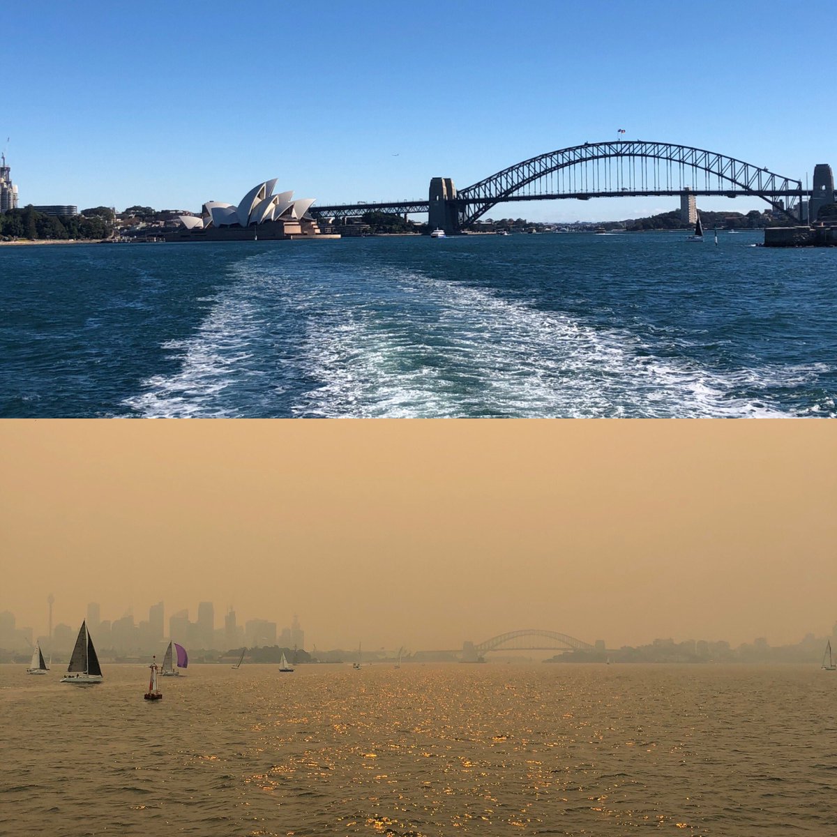 Train_PlaneHub's tweet photo. Wow Sydney 💔 The bushfires! This was today in Sydney compared to in May! The air qualify is awful it’s heartbreaking 😷💨🔥 https://t.co/33vfS8S4fy