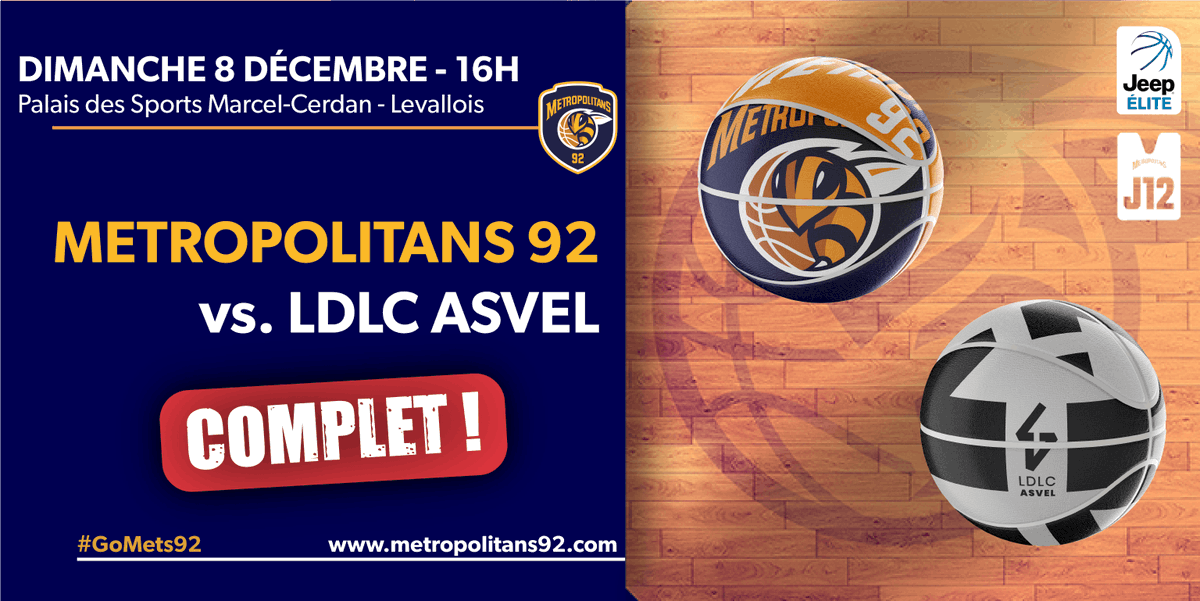 Metropolitans92's tweet photo. 🚨Le match de nos Metropolitans 92 contre @LDLCASVEL dimanche 8 décembre se jouera à guichets fermés au Palais des Sports Marcel-Cerdan ! 🔥🔥
💥On compte sur vous pour supporter nos Metropolitans face au leader actuel du championnat !👏💪
#GoMets92 #J12 #JeepElite #METSASVEL https://t.co/EZjlNNDyac
