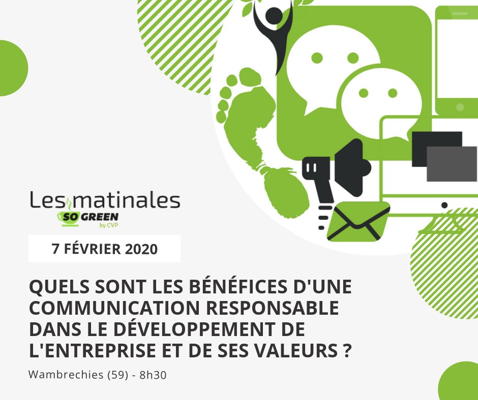 Prochaine #MatinaleSoGreen le 7 février 2020 à Wambrechies.
Notre thème "Quels sont les bénéfices d'une communication responsable dans le développement de l'entreprise et de ses valeurs?"
Inscription : docs.google.com/forms/d/e/1FAI…