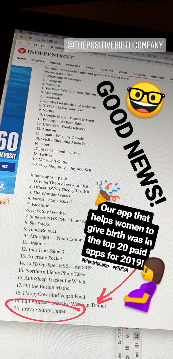 ElectricLabsLtd's tweet photo. AMAZING!!! Freya - your virtual birth partner - was in the TOP 20 MOST DOWNLOADED PAID APPS OF 2019! # 🎉 #🤰 #📱#🤓 #freya #ThePositiveBirthCompany https://t.co/mqMvLEfVdT