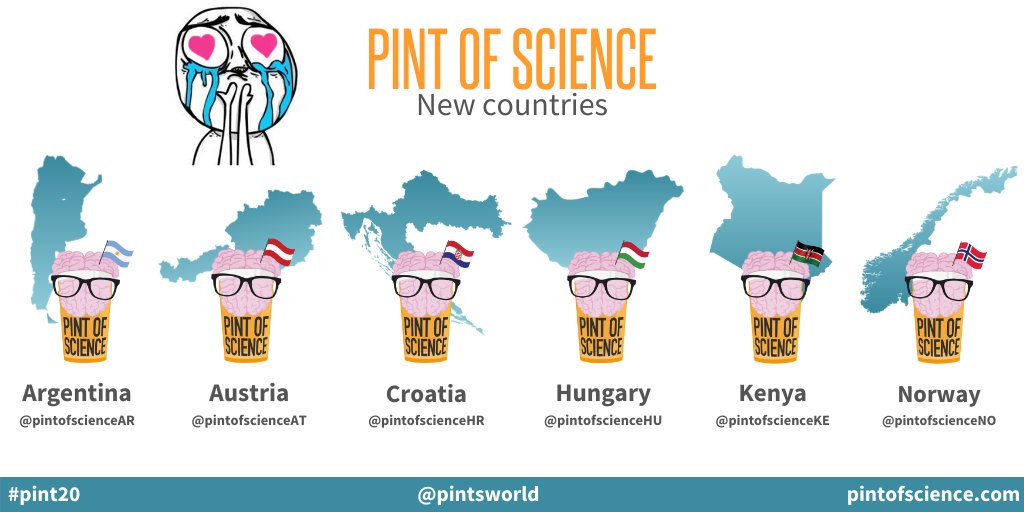 EloScicomm's tweet photo. Here are all the new @pintsworld countries for #pint20🥳

Argentina 🇦🇷@pintofscienceAR
Austria 🇦🇹@pintofscienceAT
Croatia 🇭🇷@pintofscienceHR
Hungary🇭🇺@pintofscienceHU 
Kenya 🇰🇪@pintofscienceKE
Norway 🇳🇴@pintofscienceNO

more info : https://t.co/9ZHaduNti0 https://t.co/3q4oyjdJyY
