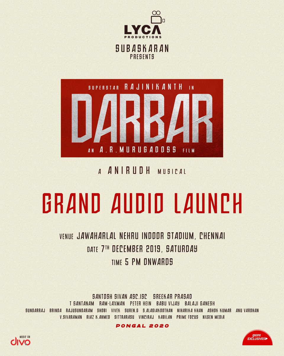 Lyca Productions (@lycaproductions) on Twitter photo Big news is here! 🙌🏻😎
The grand audio launch of #Thalaivar's #DARBAR 👑 is all set to happen on 7th Dec at Nehru Indoor Stadium, Chennai.
<a href="/anirudhofficial/">Anirudh Ravichander</a>'s saravedi musical 🔥
#DarbarAudioLaunch <a href="/rajinikanth/">Rajinikanth</a>
#Nayanthara <a href="/ARMurugadoss/">A.R.Murugadoss</a> <a href="/divomovies/">Divo</a> <a href="/gaana/">@gaana</a> Big news is here! 🙌🏻😎
The grand audio launch of #Thalaivar's #DARBAR 👑 is all set to happen on 7th Dec at Nehru Indoor Stadium, Chennai.
<a href="/anirudhofficial/">Anirudh Ravichander</a>'s saravedi musical 🔥
#DarbarAudioLaunch <a href="/rajinikanth/">Rajinikanth</a>
#Nayanthara <a href="/ARMurugadoss/">A.R.Murugadoss</a> <a href="/divomovies/">Divo</a> <a href="/gaana/">@gaana</a>