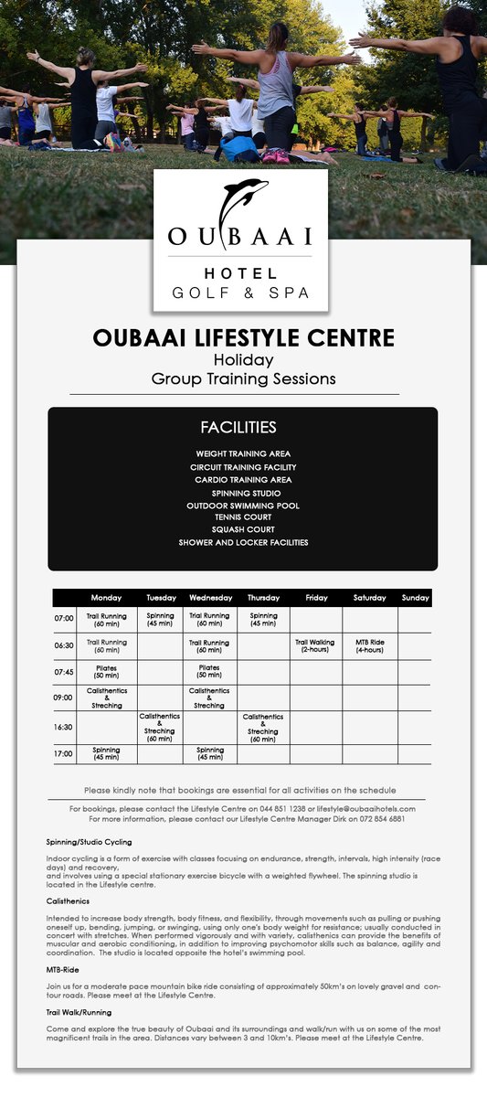 Work off those festive meals at the Oubaai Lifestyle Centre and earn #Discovery Vitality points at the same time!  044 851 1238

#Oubaai #LifestyleCentre #FitFamily #HealthyLiving #GroupTraining #cardio #OubaaiHotel #GardenRoute #George
