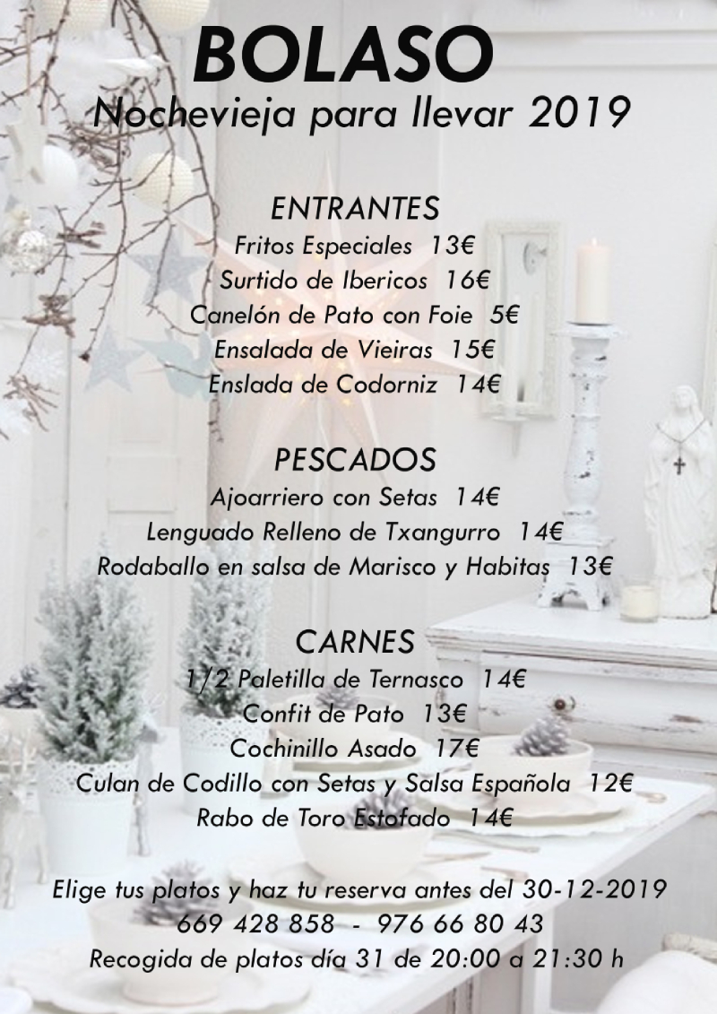 📣MENÚS PARA LLEVAR NOCHEVIEJA 2019-20
🍽 Elige tus platos y haz tu reserva antes del 30 Dic 🕰
📲 MÓVIL: 669 428 858 || TELFN: 976 668 043
➡️ Recogida de platos día 31 Dic. de 20:00 a 21:30h.
bolaso.es/menus-para-noc…

#Nochevieja #MenúNochevieja #Ejea #CincoVillas