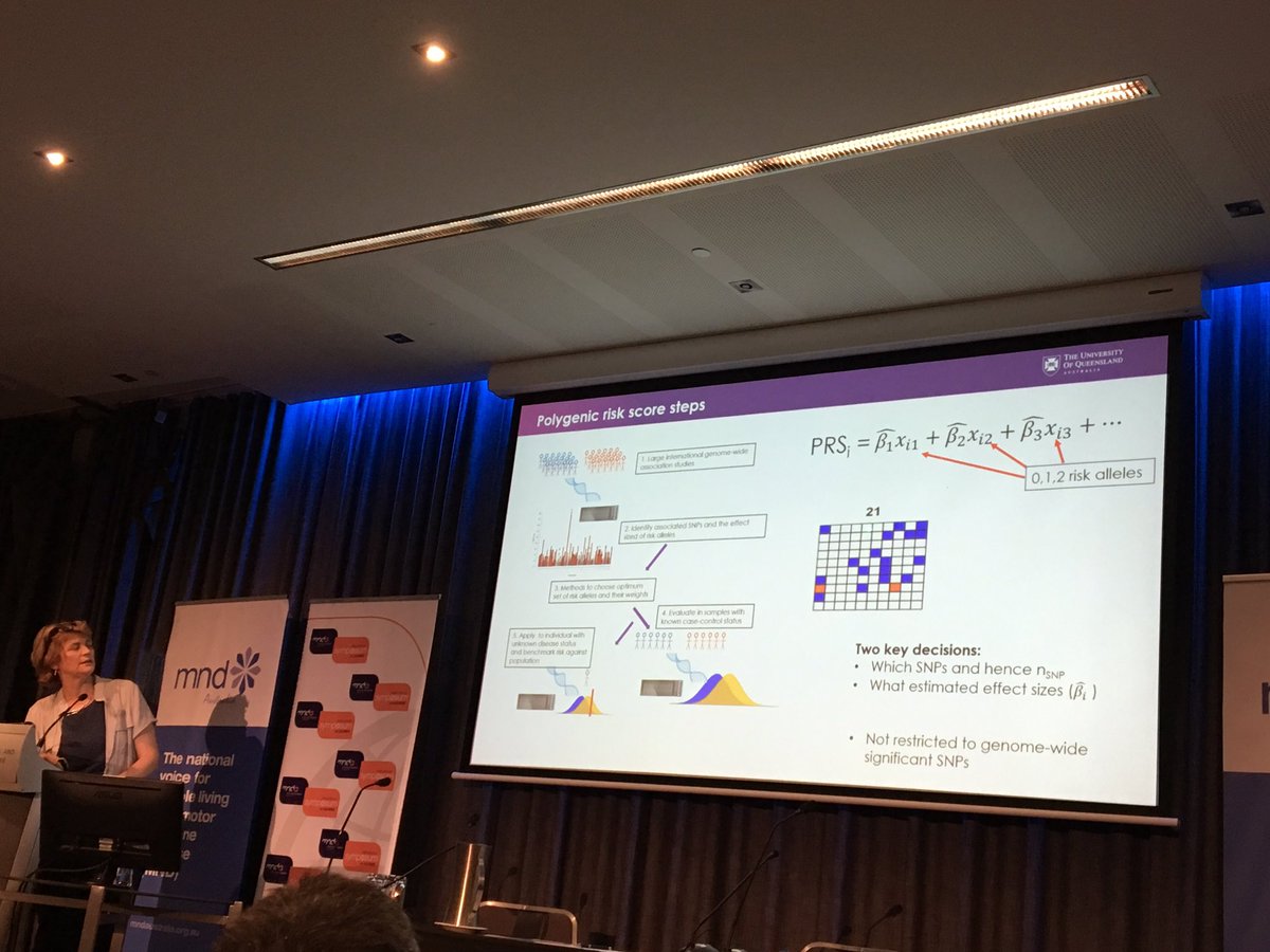 kingsmnd's tweet photo. Prof @WrayNaomi from @QldBrainInst is walking us through the future directions in #ALS genomics - Excellent summary of the role of polygenic risk scores in the field of #ALS reaearch 🇦🇺🧬 #alsmndsymp #ALS #MND #perth2019 https://t.co/XZbaz2YnK5