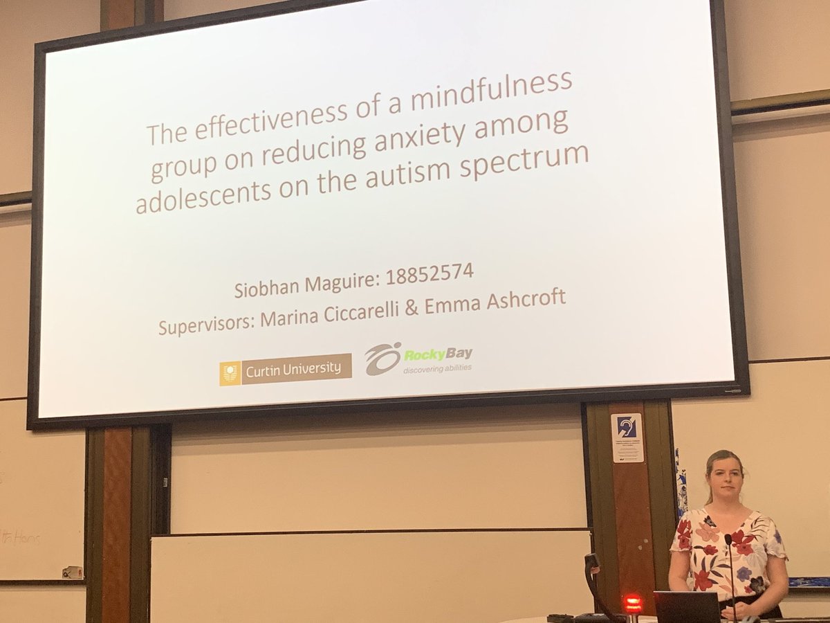 ErgoChick's tweet photo. Siobhan presents the first Australian study to investigate the use of mindfulness to reduce anxiety in autistic adolescents. Parents perceived their children’s anxiety to be higher than the children’s self-reports  #CurtinOTSWSP #AlliedHealthHons https://t.co/gSmLXWYXg3