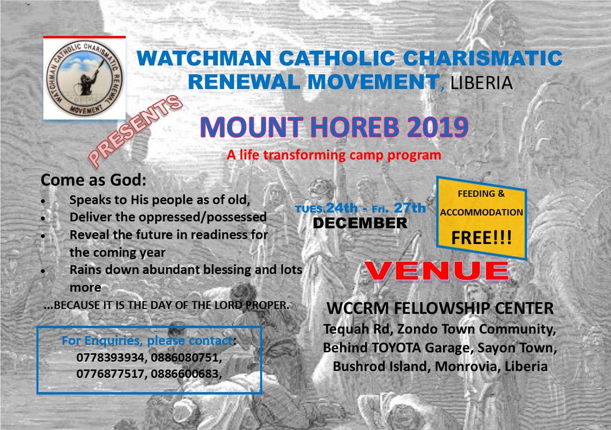 WCCRMLiberia's tweet photo. Be a part to invite millions to #MountHoreb2019  @vowtelevision @rommy_davies @evannstenny @Paulchibuike20 @MWObisike @wccrmph @WccrmMissions @wccrm_ibadan @Odimsju @WccrmA @wccrmabuja @wccrmhq @wccrmaba https://t.co/R1wKr16hEU