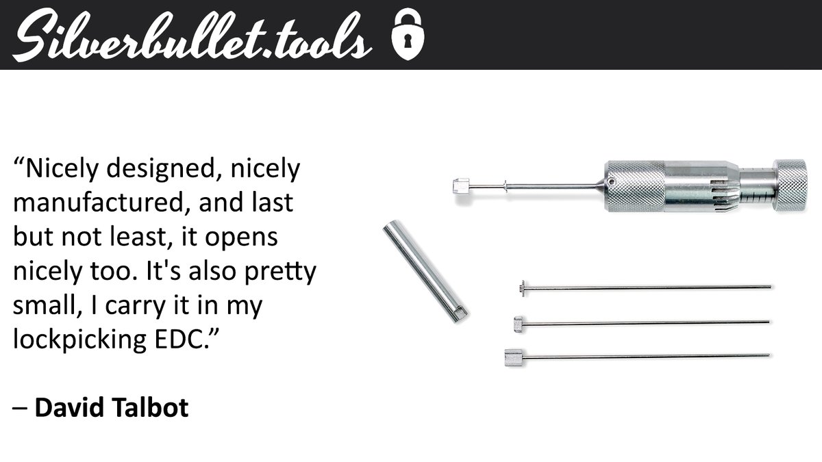 Nicely designed, nicely manufactured, and last but not least, it opens nicely too. It's also pretty small, I carry it in my lockpicking EDC.
– David Talbot

#lockpicking #locksport #locksportcommunity #locksmith #openlock #silverbullet