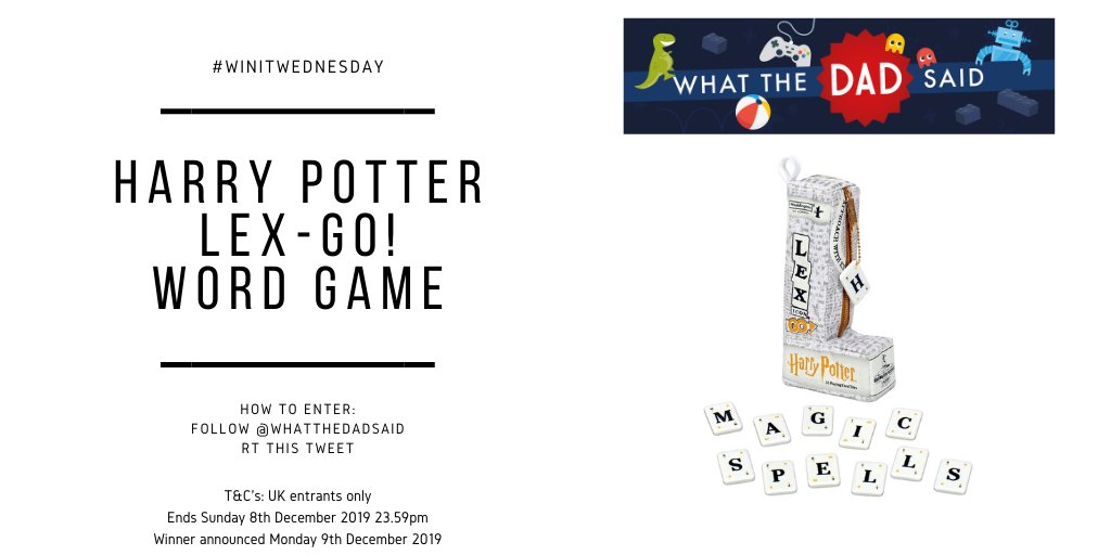 [AD-GIFTED] Time for #WinItWednesday!

* Follow @whatthedadsaid and <a href="/toptrumps/">Official Top Trumps</a> &amp; RT to win Harry Potter Lex-GO! Word Game amzn.to/34tukZO [AFF]
* Ends Sunday 8th December (23.59pm)
* UK entrants only

Full T&amp;C's: bit.ly/32WL76J