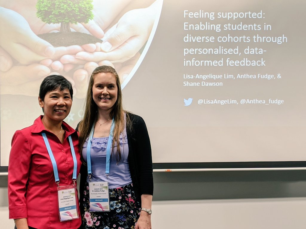 #ASCILITE2019 - fantastic to work and present with you @LisaAngeLim on this @ontasklearning research. Exploring personalised #feedback, #SelfRegulatedLearning and #support for #UniSACollege students @UniversitySA.