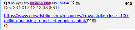  #Q Post #445 Dec 23 2017 https://www.crowdstrike.com/resources/news/crowdstrike-closes-100-million-financing-round-led-google-capital/CrowdStrike  provider of the first true Software-as-a Service (SaaS) based next-generation platform, today announced that the company has completed a $100 million Series C financing round, led by Google Capital. Rackspace