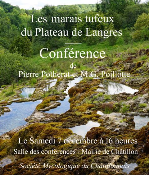 Les marais tufeux du Plateau de Langres
Conférence de Pierre Potherat et Marie Geneviève Poillotte 
Le Samedi 7 décembre 2019 à 16 heures
Salle des conférences – Mairie de Châtillon-sur-Seine