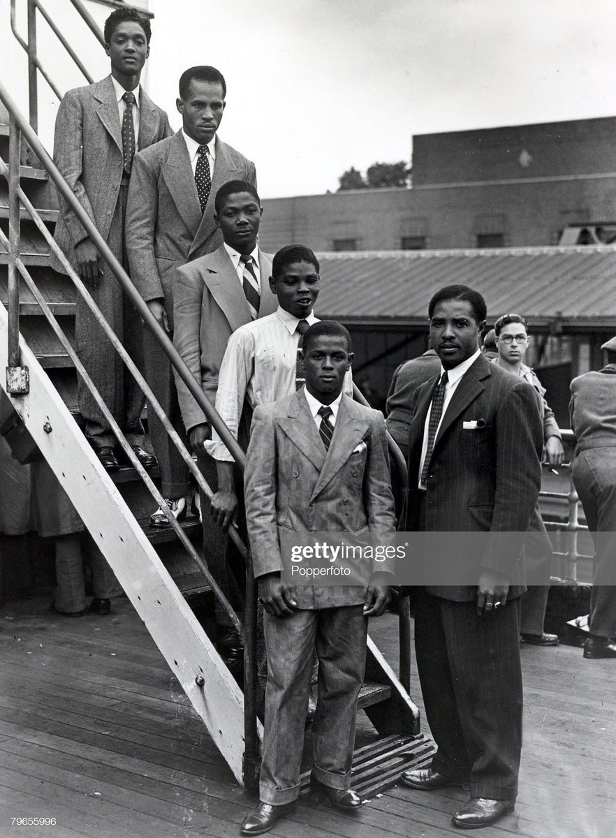 Some of the first men to step off the Empire Windrush and onto UK soil.
