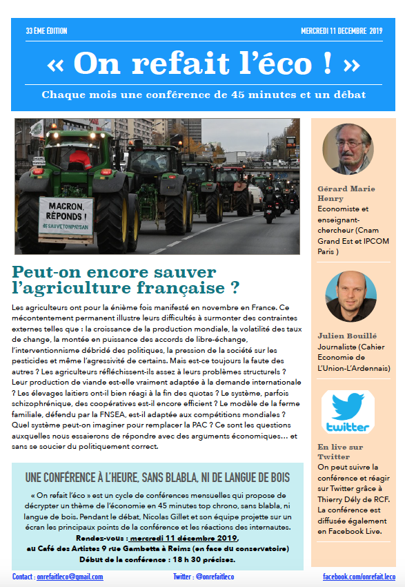 onrefaitleco's tweet image. .@onrefaitleco revient le 11 décembre au @artistes_cafe pour une conférence sur les problèmes structurels de l'agriculture française @tremillec @JulienBouille