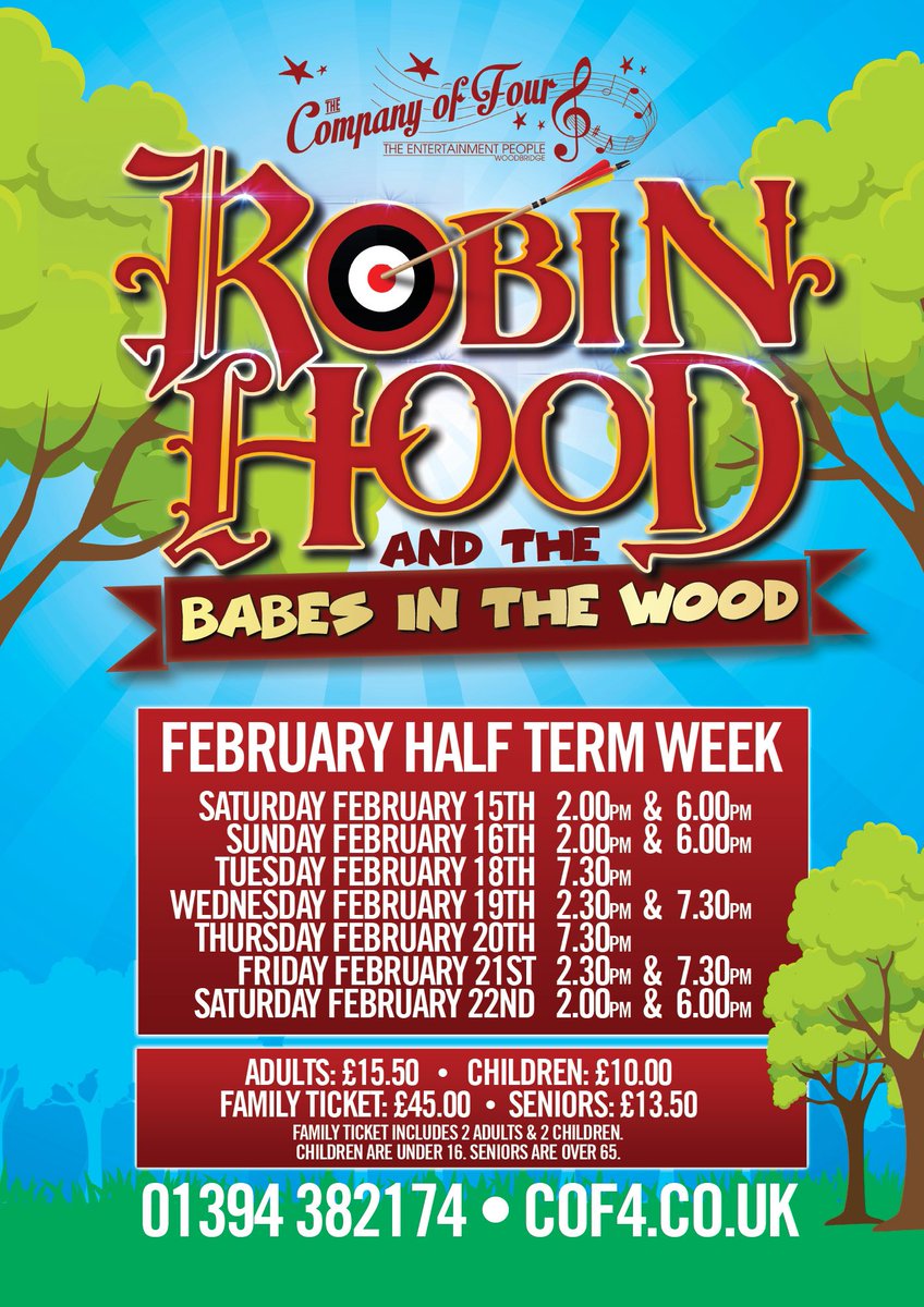 _theriverside's tweet photo. It’s panto time!!! 
Tickets go on sale TODAY at 10am for the @Companyof4 pantomime 
Robin Hood and the Babes in the Wood
Phone 01394 382174
At the box office 
Book online https://t.co/lwFMyxubh6

#panto #robinhood #onstage #february #halfterm #babesinthewood #tickets #onsale https://t.co/v4XZTa4qnz