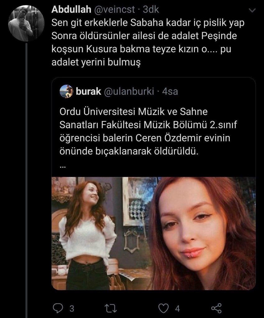 Gencecik bir kız vahşi bir şekilde katledilirken, bir ailenin yüreği yanarken siz nasıl bu kadar vicdansız olabiliyorsunuz? Hayatın safralarısınız.. Sizin gibilerle aynı havayı solumaktan iğreniyorum. #CerenÖzdemir