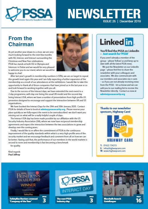 The latest issue of the PSSA Newsletter has landed. Inside this Issue, @Safetyflex crowned ‘Company of the Year’,
@MarshallsGroup launch GateKeeper, @TSPProjects
bought by @SYSTRA_LTD & much more. Pick up a printed copy @ISE_Expo today on stand F90
https://www.pssasecurity.org/wp-content/uploads/newsletters/2019/december/ …