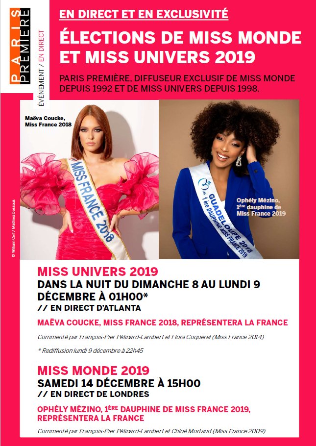 MissFrance's tweet photo. Tenez-vous prêts à soutenir les belles ambassadrices françaises, @MaevaCouckeOff et @ophelymezinooff, prochainement sur @ParisPremiere pour les élections de #MissUniverse2019 et #MissWorld2019 👑
Elles comptent sur votre soutien ! 🇫🇷 https://t.co/IudPmfCfyv