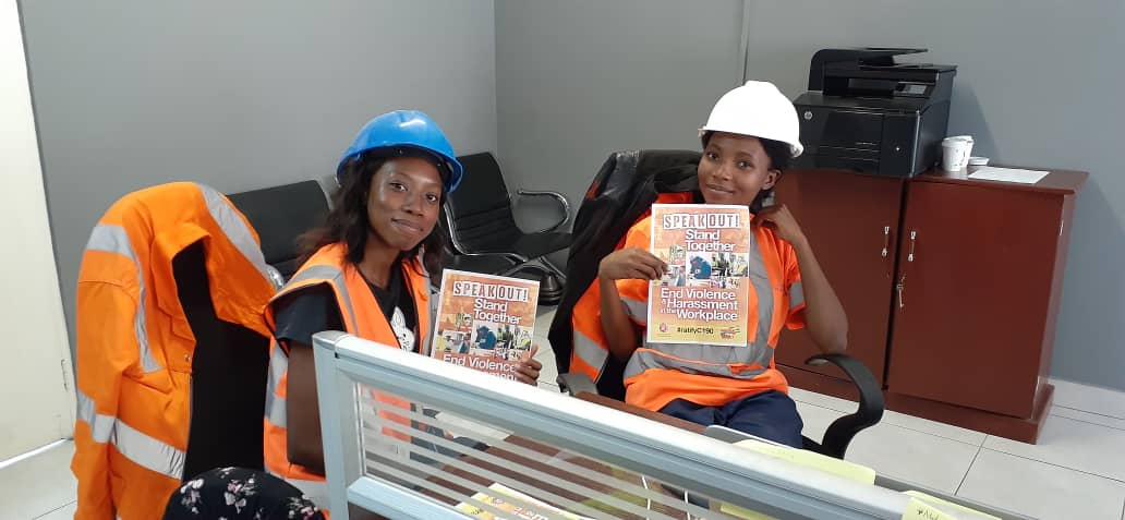 ZCATWU members #SpeakOut #StandTogether in calling to #ratifyC190 at their worksite in the Pretoria Portland Cement plant in Harare, Zimbabwe.
