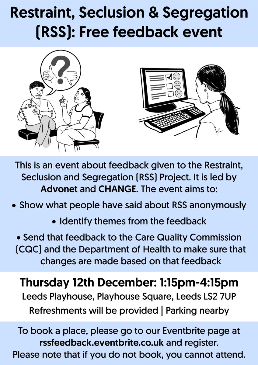 Restraint, seclusion & segregation- your stories (@lsegregation) on Twitter photo Next Thursday, we're hosting a free event at <a href="/LeedsPlayhouse/">Leeds Playhouse</a> about the anonymous feedback given to our project. We aim to spot themes in the feedback + send it to the CQC + Department of Health. To book a place, please register at rssfeedback.eventbrite.co.uk <a href="/AdvonetUK/">The Advonet Group</a> <a href="/changepeople_/">CHANGE</a> Next Thursday, we're hosting a free event at <a href="/LeedsPlayhouse/">Leeds Playhouse</a> about the anonymous feedback given to our project. We aim to spot themes in the feedback + send it to the CQC + Department of Health. To book a place, please register at rssfeedback.eventbrite.co.uk <a href="/AdvonetUK/">The Advonet Group</a> <a href="/changepeople_/">CHANGE</a>